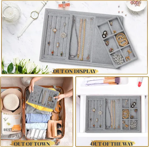 Vista 5 de Houseables Organizador de bandeja de joyería accesorios apilables almacenamiento 138 x 95 pulgadas gris 4 piezas caja de aretes inserto de cajón