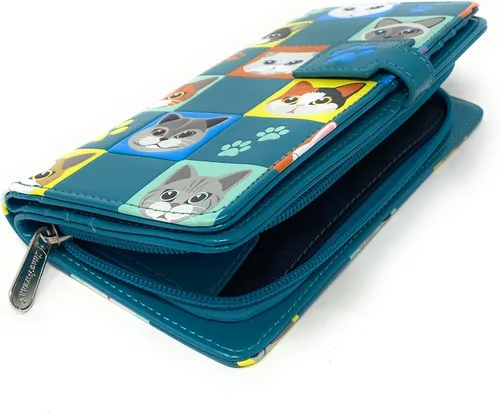 Vista 4 de Shag Wear Cat Checkers - Cartera grande de animales para mujeres y adolescentes, piel sintética vegana de 7 pulgadas, color verde azulado, verde