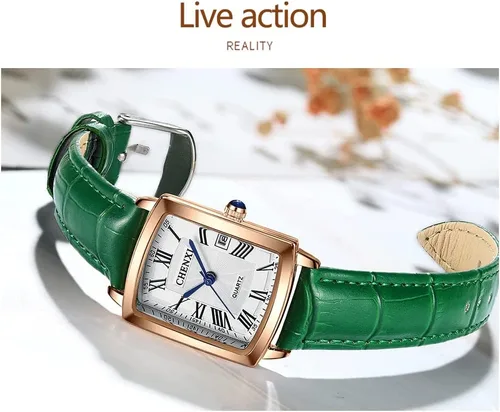 Vista 2 de FANMIS Relojes para mujer, caja de oro rosa, número romano, reloj de pulsera de lujo cuadrado marrón con correa de cuero
