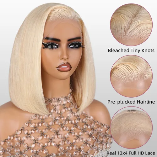 Vista 3 de Peluca de cabello humano rubio estilo Bob de 13 x 4 con encaje frontal, peluca Bob de 10 pulgadas 613 Lace Front Wig Human Hair Pre Plucked With