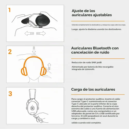 Vista 8 de Protección auditiva Bluetooth NRR 25dB Micrófono integrado, protección auditiva recargable con Bluetooth, auriculares con cancelación de ruido manos