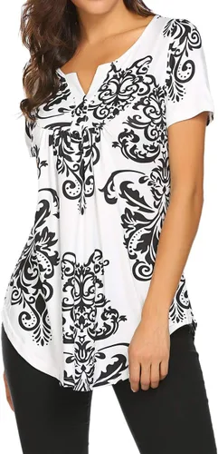 Vista 4 de Blusón plisado de manga corta con estampado floral y cuello Henley en V para mujer, con vuelo.