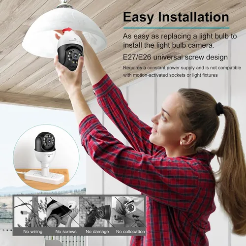 Vista 2 de SYMYNELEC Bombilla de luz para cámara de seguridad al aire libre impermeable 2.5K, enchufe de luz WiFi inalámbrico de 2.4GHz con detección de Solo
