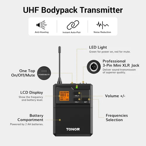 Vista 3 de TONOR Sistema de micrófono inalámbrico UHF con micrófonos de auriculares duales/micrófonos de solapa Lavalier, transmisores de cuerpo, receptor