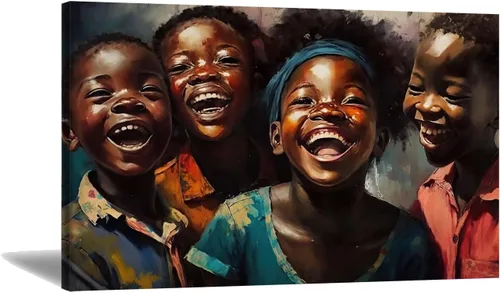 Vista 6 de Turaranusy Póster de arte negro para niños africanos, lienzo para pared, niños bajo la lluvia, para decoración de sala de estar, dormitorio