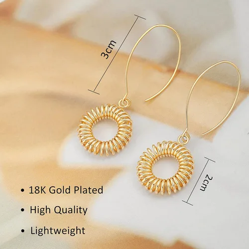 Vista 3 de Aretes colgantes largos de oro con forma de bola de simicírculo para mujer, ligeros, circular, moneda, geométricos, planos, cepillados, chapados