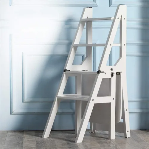 Vista 7 de JHome Taburetes elevadores de escalera de 4 escalones, madera maciza, escalera plegable transformable para el hogar, cocina, silla plegable de doble