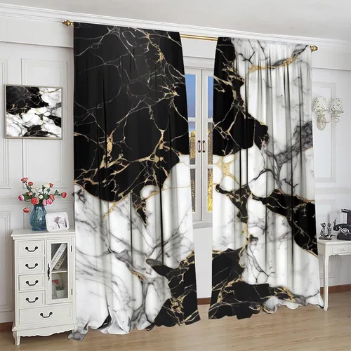 Vista 4 de Cortinas de mármol para dormitorio, arte abstracto moderno de lujo, textura de mármol blanco y negro, tratamiento de ventana para sala de estar
