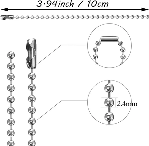 Vista 2 de H&W 100 cadenas de cuentas de 4 pulgadas con cierre de conector, cadena de bola de acero inoxidable, llavero de cadena de bolas de acero inoxidable