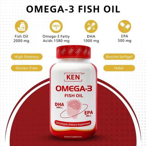 Vista 2 de KEN Aceite de pescado Omega 3 de triple fuerza con DHA 1000 mg y EPA 500 mg, ácidos grasos Omega 3 para apoyo nutricional, sin OMG 120 cápsulas