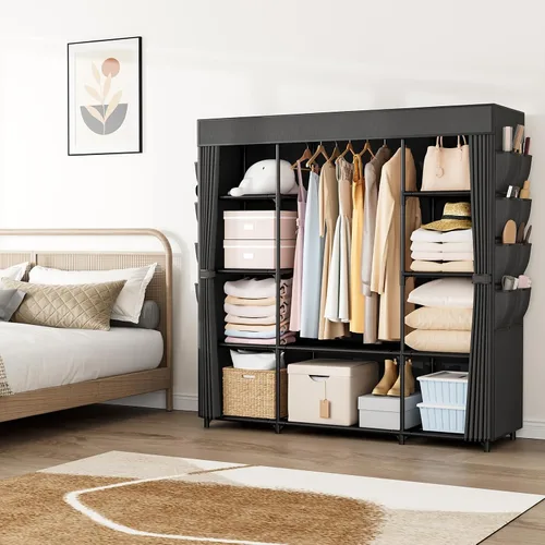 Vista 8 de Armario portátil para colgar ropa de 57.3 pulgadas, armario de gran capacidad con tapa, 8 bolsillos y 1 barra para colgar, organizador de armario