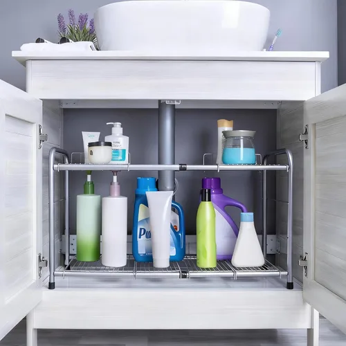Vista 8 de FlagShip Organizador de 2 niveles para debajo del fregadero y estante de almacenamiento expandible para cocina y baño, color plateado
