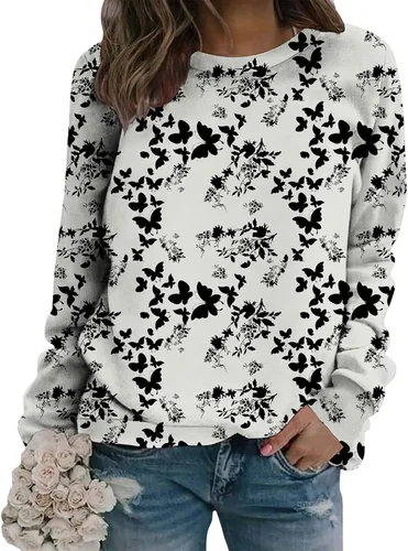 Vista 14 de Sudadera clásica de cuello redondo con patrón de flores boho para primavera y otoño, suave, cómoda, de inspiración retro, pieza de capas para mujer