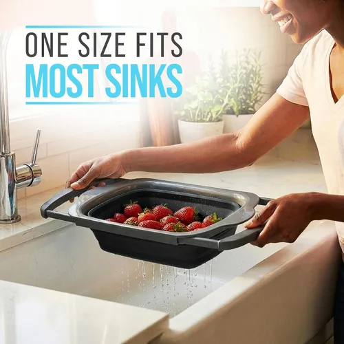 Vista 6 de Comfify Colador sobre el fregadero con asas, elegante colador de cocina de plástico negro para pasta, verduras y frutas, diseño que ahorra espacio
