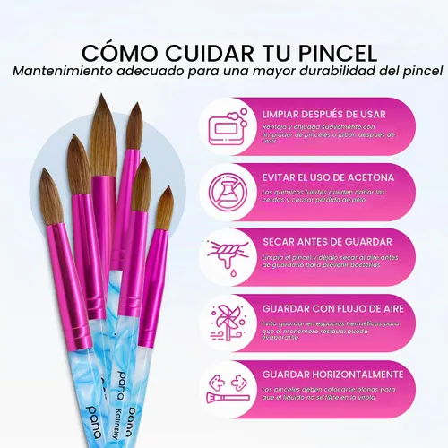 Vista 6 de PANA Pure Kolinsky - Cepillo de uñas acrílicas para el cabello, forma redonda, casquillo rosa con mango azul remolino blanco (talla 10)