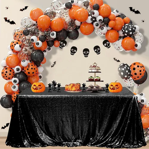Vista 97 de Manteles redondos de lentejuelas negros para fiestas, de 121,9 cm, mantel redondo de purpurina ajustado, pequeño, lindo y dulce, para boda