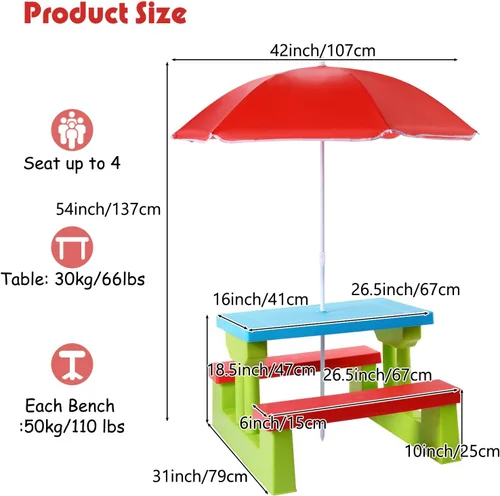 Vista 3 de KOTEK Juego de mesa de picnic para niños, mesa y banco para niños al aire libre con paraguas extraíble, muebles de plástico para niños, mesas