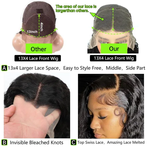 Vista 4 de Pelucas cortas de 10 pulgadas estilo Bob 13x4 con ondas profundas, peluca de pelo humano estilo Bob con encaje frontal HD de 200% de densidad