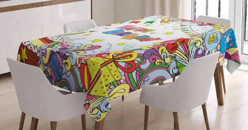 Vista 4 de Ambesonne Mantel de cumpleaños, diseño inspirado en tarjetas de felicitación en estilo colorido de dibujos animados, temática de fiesta, mantel