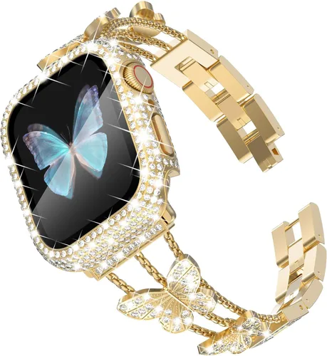 Vista 10 de Correa Bling y Funda WINGLE para Apple Watch para Mujeres 40mm SE 3/2/1 Series 6 5 4, Correa de Brazalete de Metal con Diamantes de Imitación