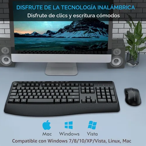 Vista 7 de Combo de teclado y mouse inalámbricos, E-YOOSO 2.4GHz, teclado inalámbrico ergonómico de tamaño completo con reposa muñecas, mouse USB inalámbrico