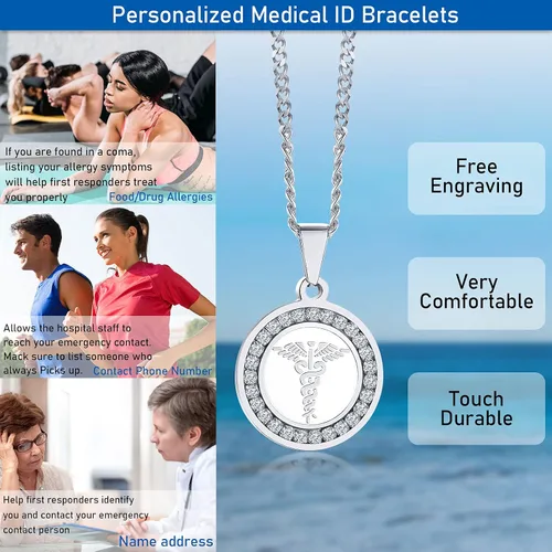 Vista 104 de VNOX Collar con colgante personalizado de acero inoxidable con grabado personalizado para identificación de alerta médica de emergencia para hombres
