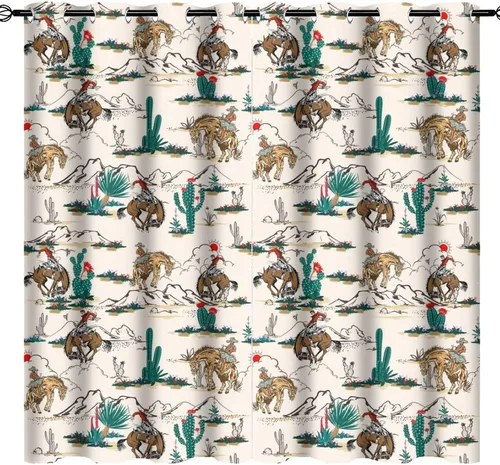 Vista 12 de Cortinas opacas retro de vaquero occidental para dormitorio, estilo rústico, cactus, salvaje oeste, vaquero, paseo, caballo, con ojales, aislamiento