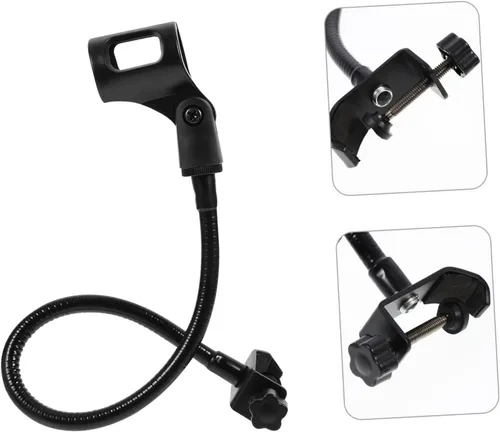 Vista 3 de Soporte de micrófono de cuello de cisne ajustable para escritorio, transmisión en vivo, soporte de micrófono negro, brazo flexible y base compatible