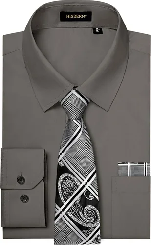 Vista 29 de HISDERN Mens Dress Shirt with Tie Pocket Square Set Classic Button Down Shirt Matching Tie Long Sleeve Shirts 08-verde
