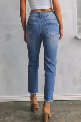Vista 6 de Sidefeel Jeans de cintura alta para mujer, con dobladillo sin procesar, pierna recta, pantalones de mezclilla