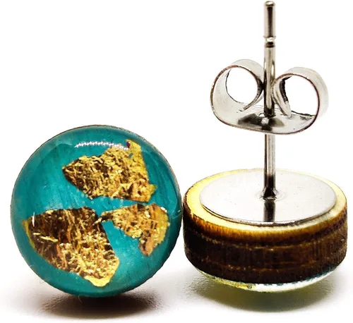 Vista 2 de Gold Flakes 10mm Stud Earrings, Handmade, Posts for Sensitive Ears (Turquoise with Gold Flakes)