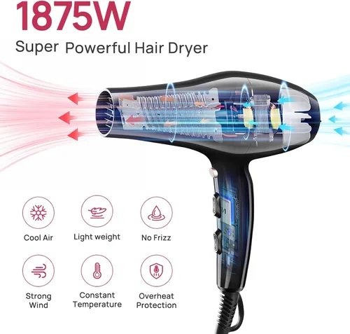 Vista 2 de CONFU Secador de pelo, secador de pelo profesional iónico con difusor para mujeres y hombres, secado rápido 5X, potente y silencioso para un peinado