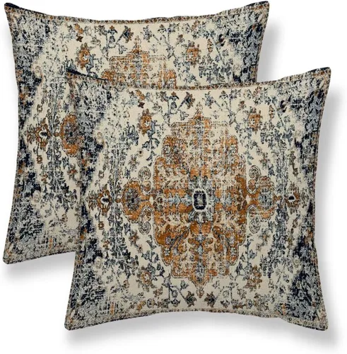 Vista 43 de Juego de 2 fundas de almohada bohemias de 16 x 16 pulgadas, color negro y marrón, fundas de almohada con patrón de alfombra étnica rústica, fundas