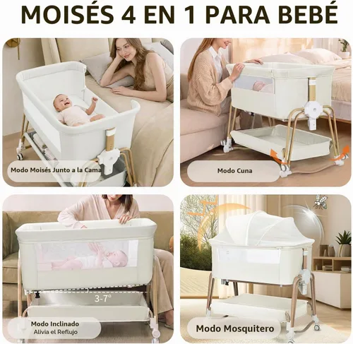Vista 2 de suihuooo Moisés de bebé 4 en 1, moisés portátil con ruedas y cesta de almacenamiento, 7 alturas ajustables de malla transpirable con mosquitero