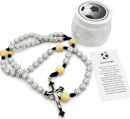 Vista 3 de Westmon Works Juego de cuentas de bola deportiva con rosario de fútbol con estuche protector y tarjeta de oración, collar católico con crucifijo