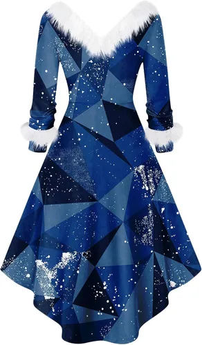 Vista 2 de JJHAEVDY Christmas Dresses for Women High Low Hem V-Neck Dress Furry Collar Printed A-Line Dresses High Waist Fashion Dress