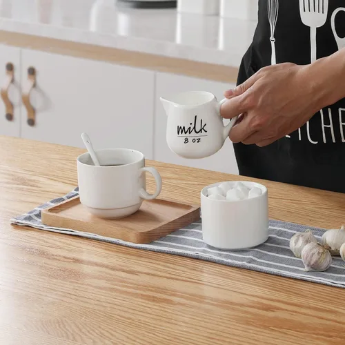 Vista 7 de Jarra de crema con asa, recipiente de cerámica para leche, café, salsa, apto para microondas, blanco (12 onzas, juego/1)
