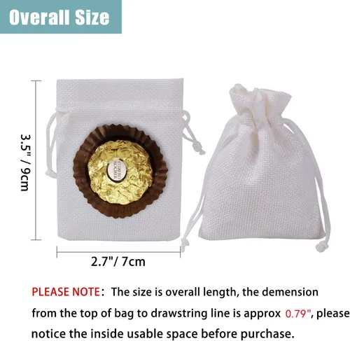 Vista 2 de 50 bolsas de arpillera blanca con cordón, bolsas pequeñas de lino de 2.7 x 3.5 pulgadas, bolsas de regalo para joyas, bolsas de dulces para Navidad