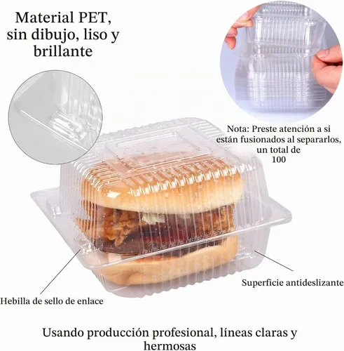 Vista 3 de 100 unidades de 5 x 5 pulgadas Clamshell bandeja para llevar recipientes de plástico con bisagras para alimentos, caja de comida desechable