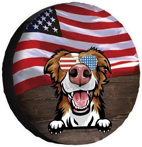 Vista 22 de Cubierta de neumático de repuesto para perro, Basset Hound con gafas de sol, con bandera de Estados Unidos, fundas protectoras de ruedas a prueba