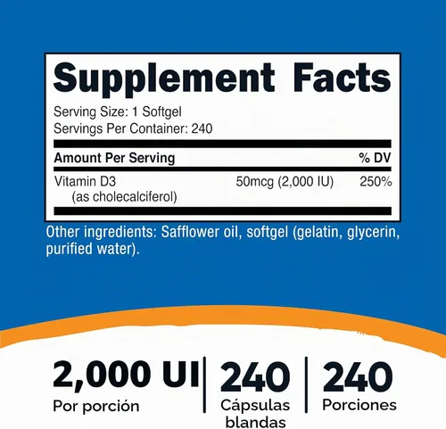 Vista 2 de Nutricost Vitamina D3 2000 iu Softgels, 240 cápsulas blandas, sin gluten