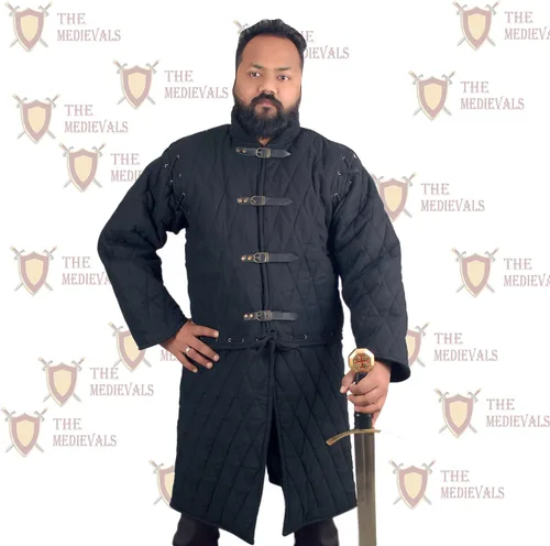 Vista 4 de Medieval gruesa acolchada mangas completas Gambeson abrigo Aketon chaqueta armadura, tela de algodón negro