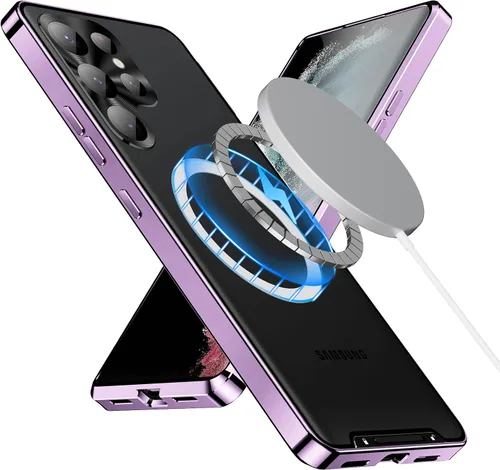 Vista 14 de Funda de metal para Galaxy S23 compatible con MagSafe Wireless Chager a prueba de golpes, bloqueo de seguridad de parachoques de metal esmerilado