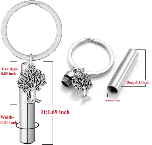 Vista 4 de Jovivi Llavero cilíndrico de acero inoxidable para cenizas con árbol de la vida, colgante para cenizas, joyería conmemorativa