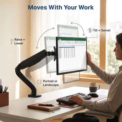 Vista 6 de Brazo de monitor de computadora individual con 2 puertos USB altura ajustable soporte universal LCD soporte sentado de pie escritorio accesorio