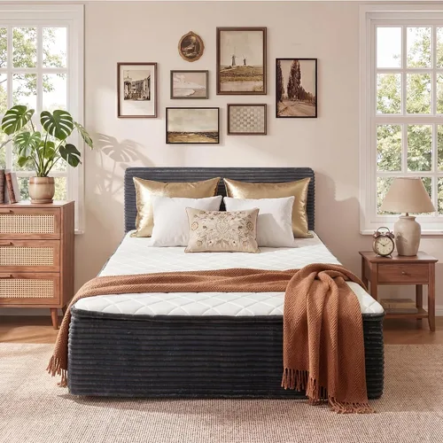 Vista 10 de Base de cama individual sin hueso con colchón, colchón de espuma viscoelástica de 16 pulgadas con plataforma tapizada de tela de felpa, no requiere