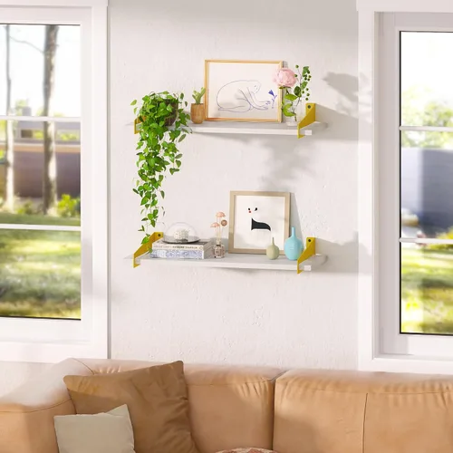 Vista 6 de upsimples Estantes de pared para decoración, estantes flotantes largos de oro blanco para montar en la pared, estantes de madera rústica resistentes