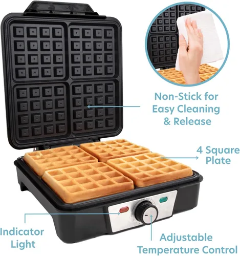 Vista 2 de CucinaPro Máquina para hacer gofres belgas de cuatro cuadrados, aparato de cocina extra grande de acero inoxidable con placas de hierro