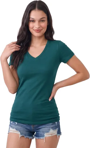 Vista 97 de Emmalise Camiseta de manga corta para mujer, cuello en V, tallas junior y plus