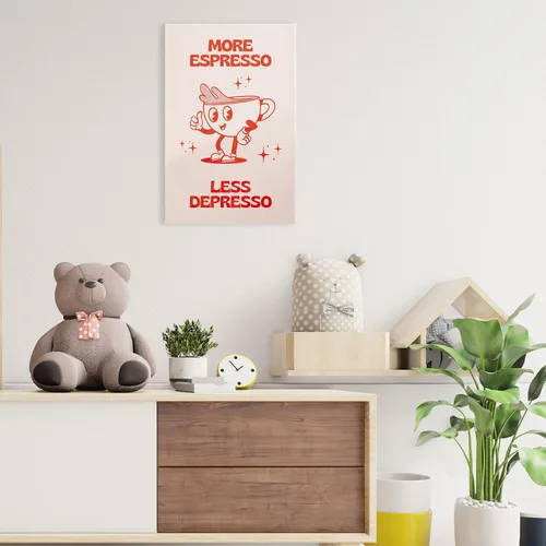 Vista 5 de Póster retro con texto en inglés «More Espresso Less Depresso», bonita taza de café de dibujos animados, citas rojas, arte de pared, divertido